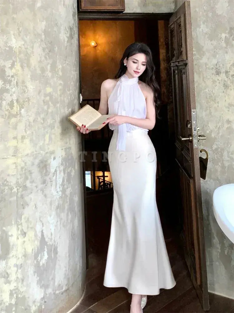 TingPo Wholesale Pretty Mermaid Halter Sleeveless White Chiffon Long Prom Dresses Evening Dress